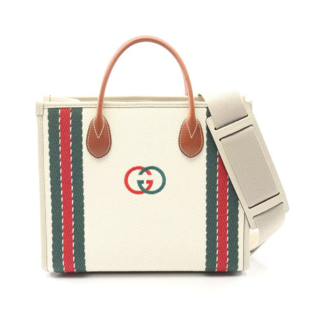 Gucci Interlocking G Tote Bag Canvas Leather White Brown Multicolor
